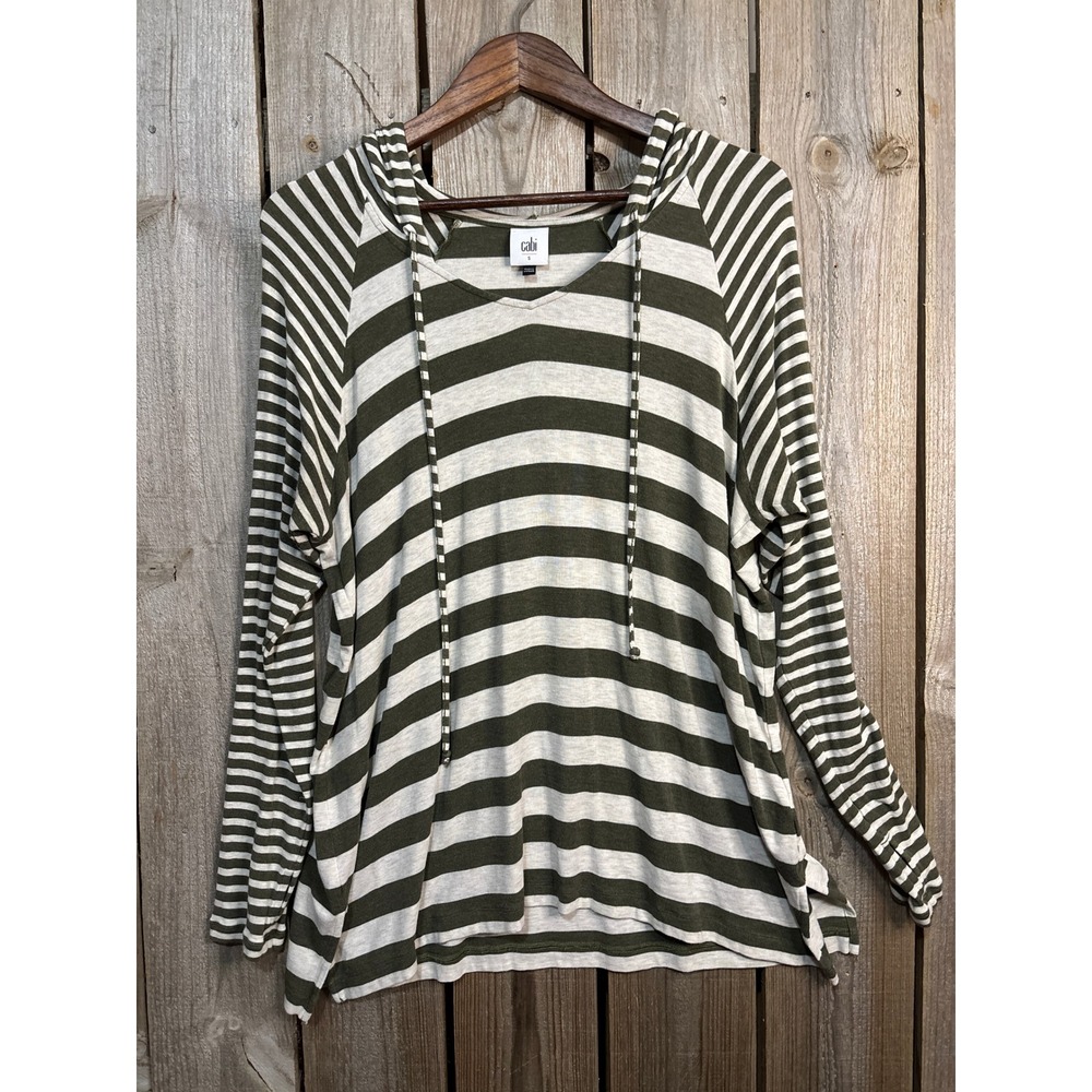Cabi 3995 Striped Hoodie Top Olive Green Cream Long Sleeve V-Neck Small